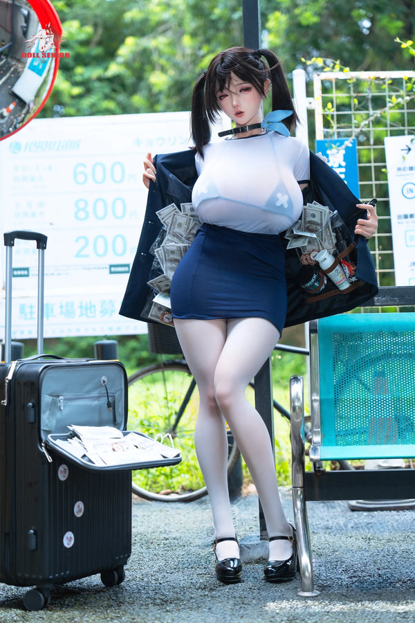 A doll posing outdoors in a maid-style outfit consisting of a white top, navy blue mini skirt, white thigh-high stockings, and black Mary Jane shoes, holding a black coat filled with cash next to an open black suitcase.