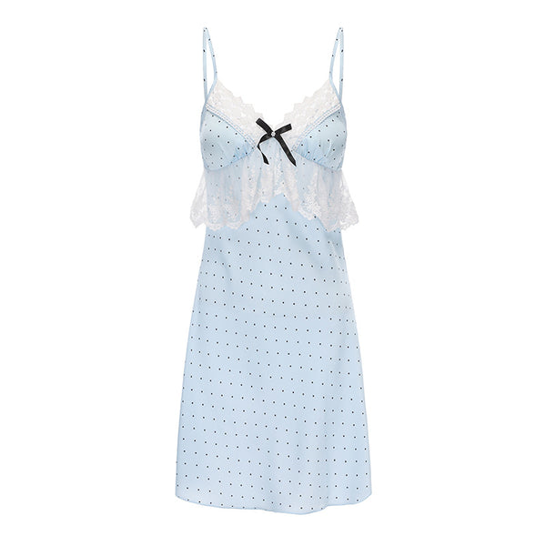 Sexy Deep V Sweet Pure Desire Polka Dot Satin Nightgown