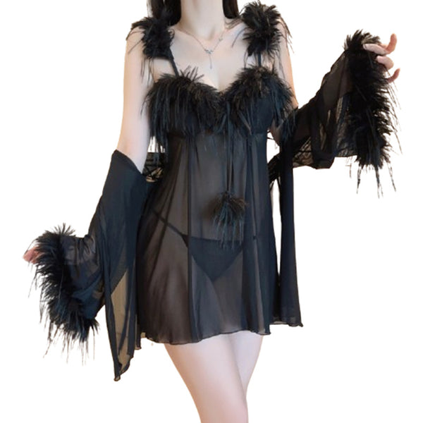 Sweet Feather-Trim Sexy Padded Sheer Mesh Nightdress