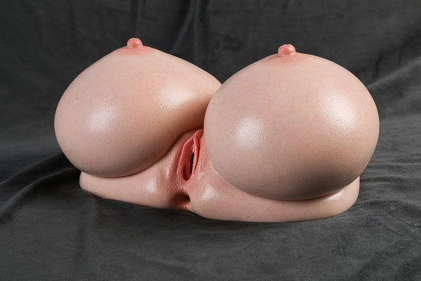 Low-angle view of silicone breast torso