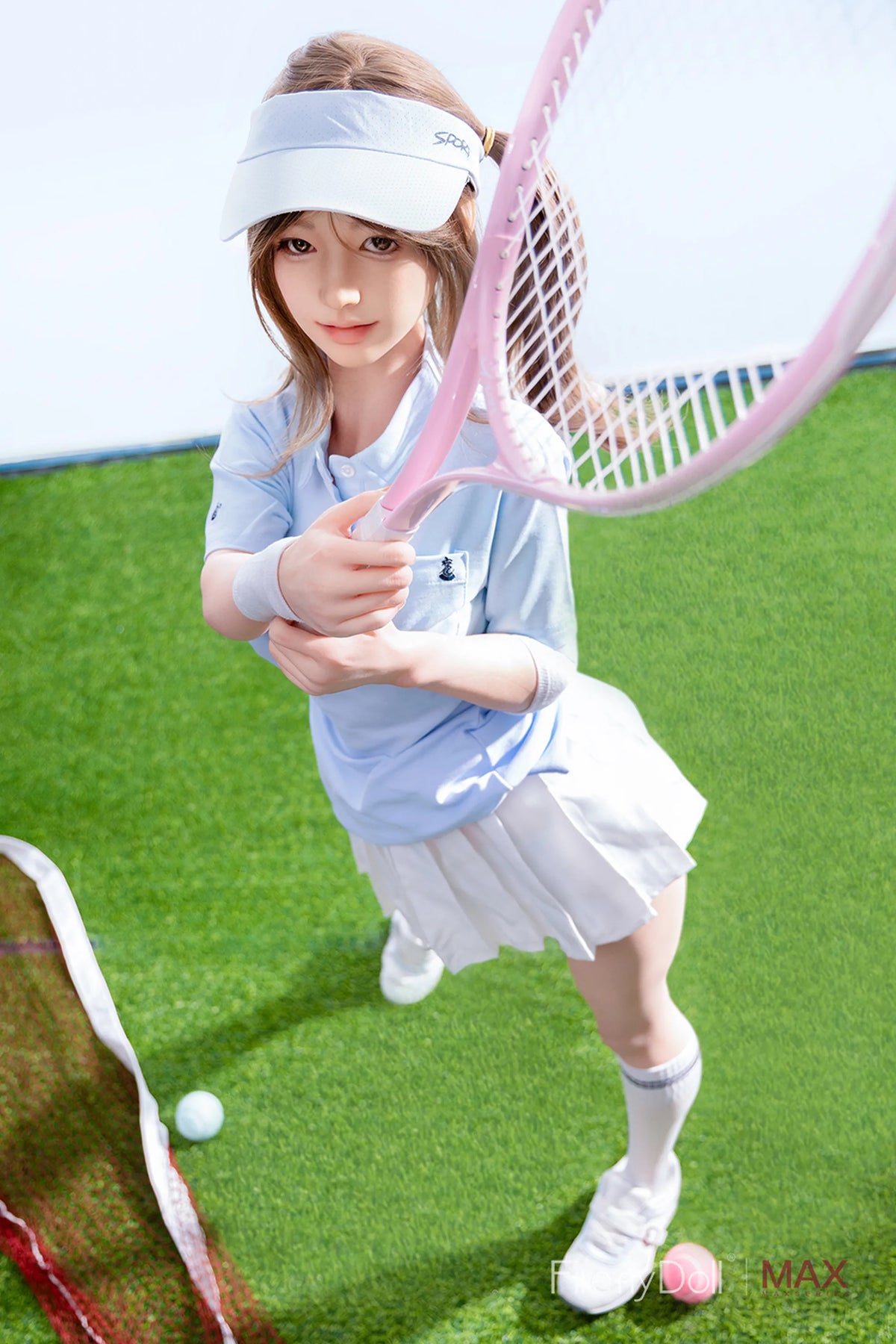 A young doll dressed in a light blue and white tennis outfit, including a visor, shirt, skirt, socks, and shoes, holding a pink tennis racket on a green tennis court with a ball.