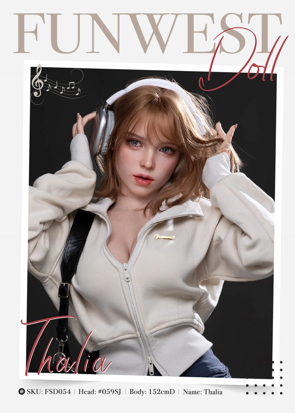 A stylized magazine-cover-style portrait of a doll labeled 'FUNWEST Doll' and 'Thalia', wearing a cream zip-front jacket and headphones against a dark background.