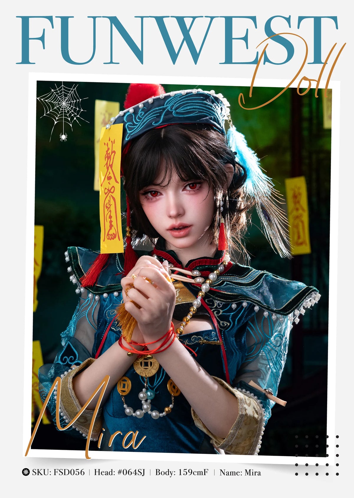 A stylized portrait of a doll in elaborate Asian-inspired costume makeup and headwear, with large text reading 'FUNWEST Doll' and 'Mira' over the image. The visible subject is a person, so by the priority rules this is Lifestyle rather than Product/Packaging, even though the image appears promotional and graphic.