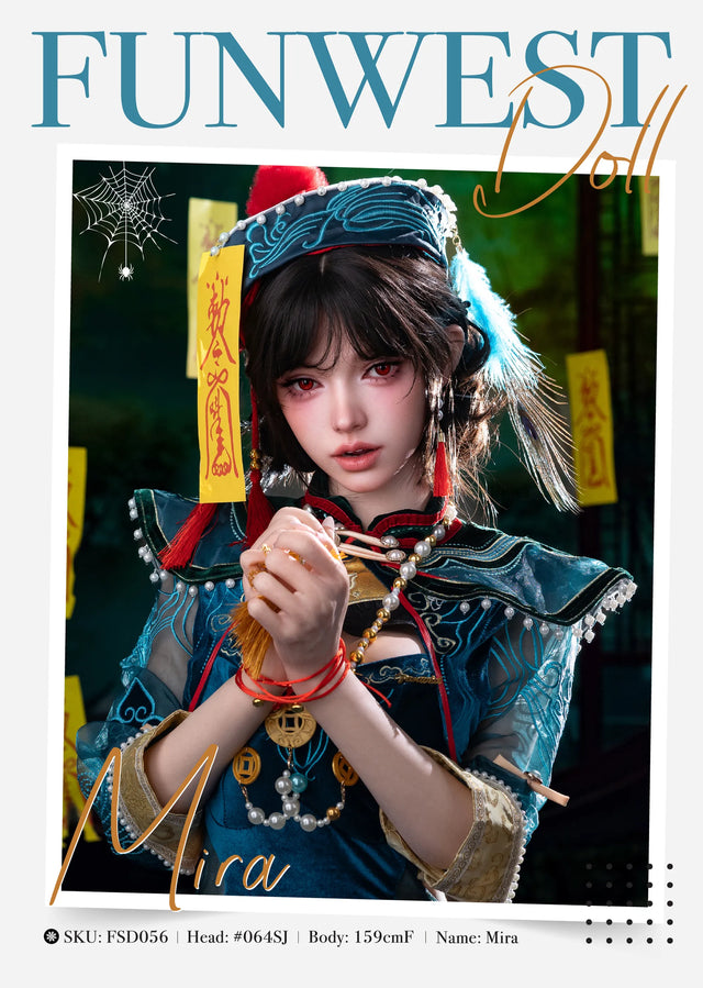 A stylized portrait of a doll in elaborate Asian-inspired costume makeup and headwear, with large text reading 'FUNWEST Doll' and 'Mira' over the image. The visible subject is a person, so by the priority rules this is Lifestyle rather than Product/Packaging, even though the image appears promotional and graphic.